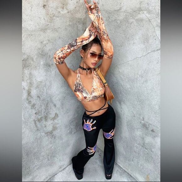 90s Low Rise Handprint Print Crisscross Tie Back Flare Leg Pants Size Medium - Picture 7 of 11